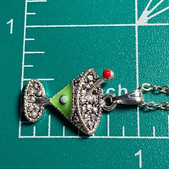 Martini Cocktail Drink Cup Glass Charm Necklace Pendant Green Enamel 18" Chain - Picture 9 of 9